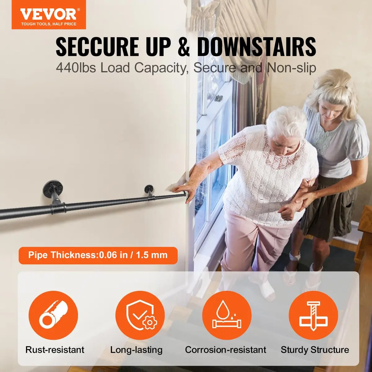 VEVOR Pipe Stair Handrail 13 FT (3.96 m) | Industrial Carbon Steel Staircase Handrail with 440 lbs Load Capacity - view 2