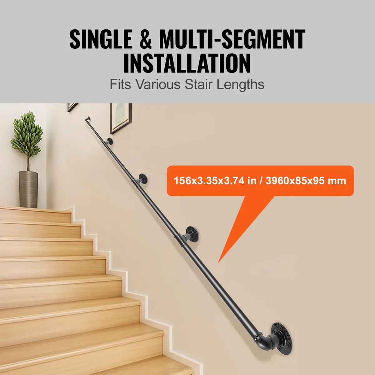 VEVOR Pipe Stair Handrail 13 FT (3.96 m) | Industrial Carbon Steel Staircase Handrail with 440 lbs Load Capacity - view 4