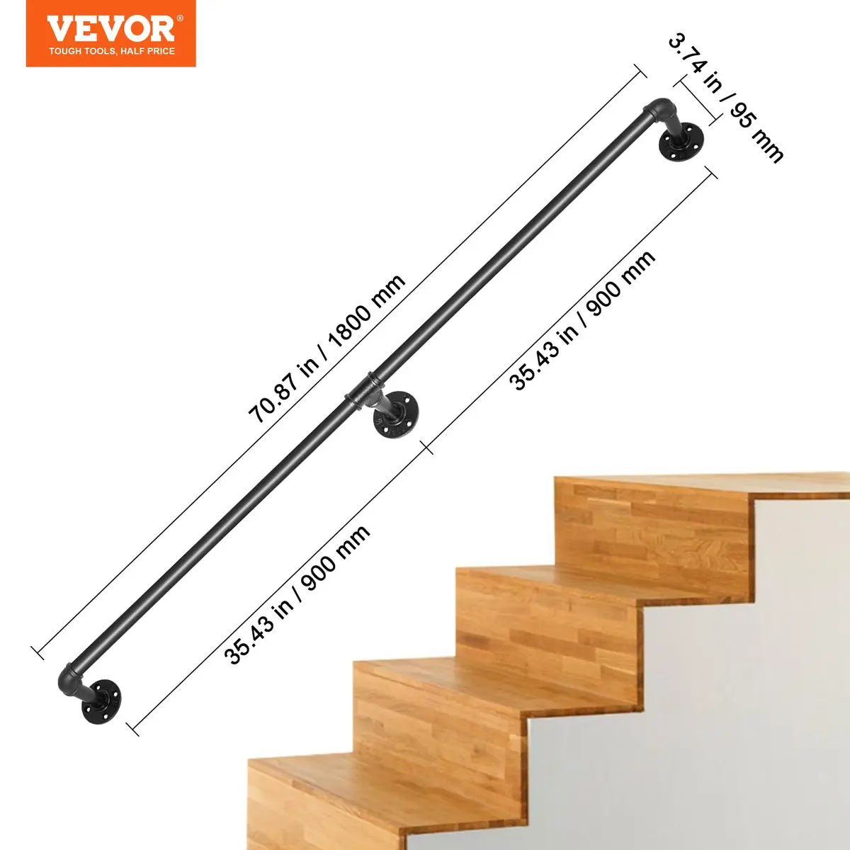 VEVOR Pipe Stair Handrail 6FT | Industrial Carbon Steel Wall Mount Support, 440LBS Load Capacity, Indoor & Outdoor Use - view 7