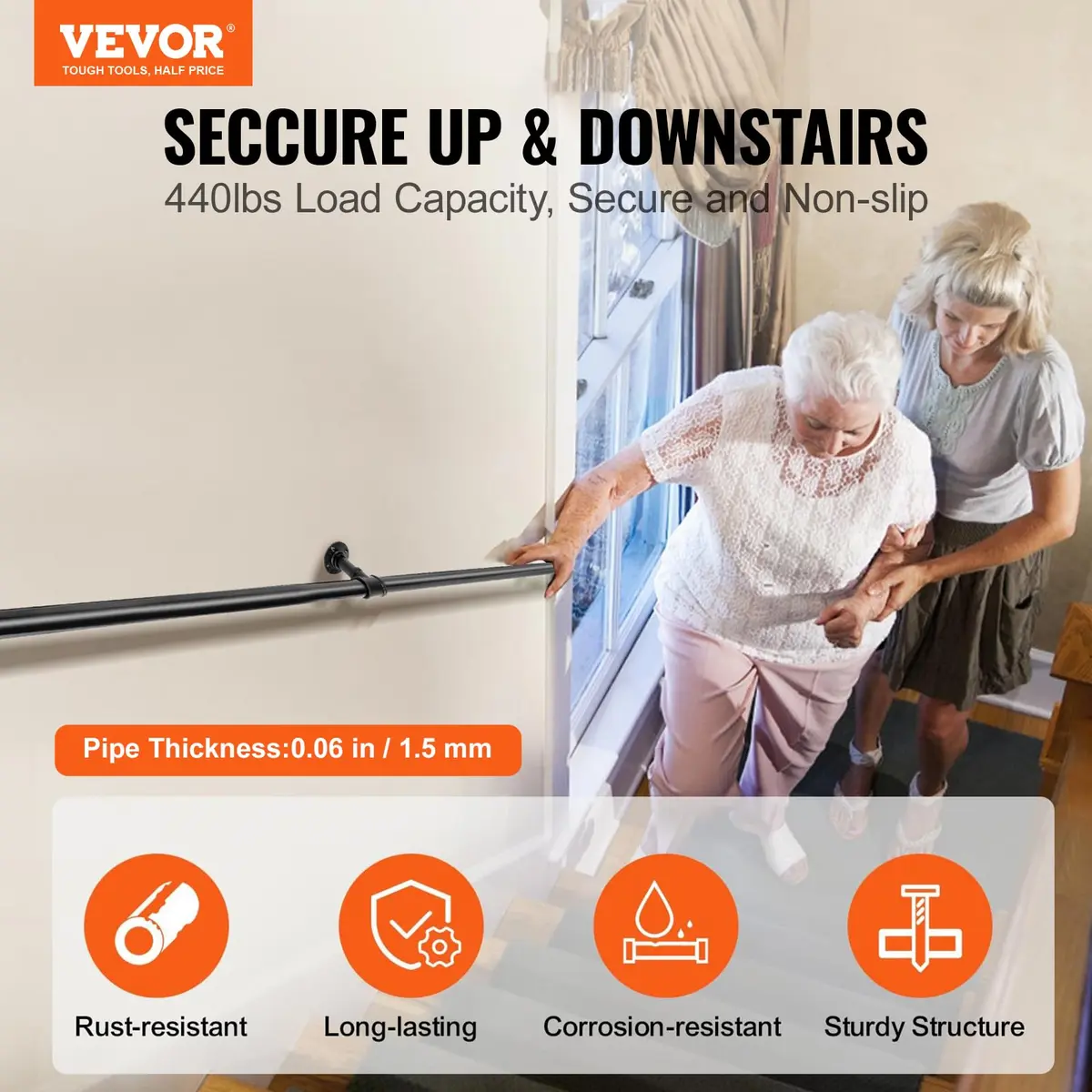 VEVOR Pipe Stair Handrail 6FT | Industrial Carbon Steel Wall Mount Support, 440LBS Load Capacity, Indoor & Outdoor Use - view 2