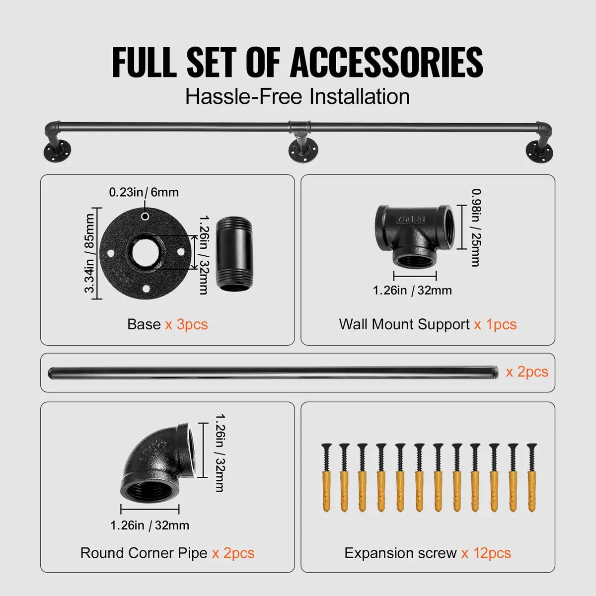 VEVOR Pipe Stair Handrail 6FT | Industrial Carbon Steel Wall Mount Support, 440LBS Load Capacity, Indoor & Outdoor Use - view 3