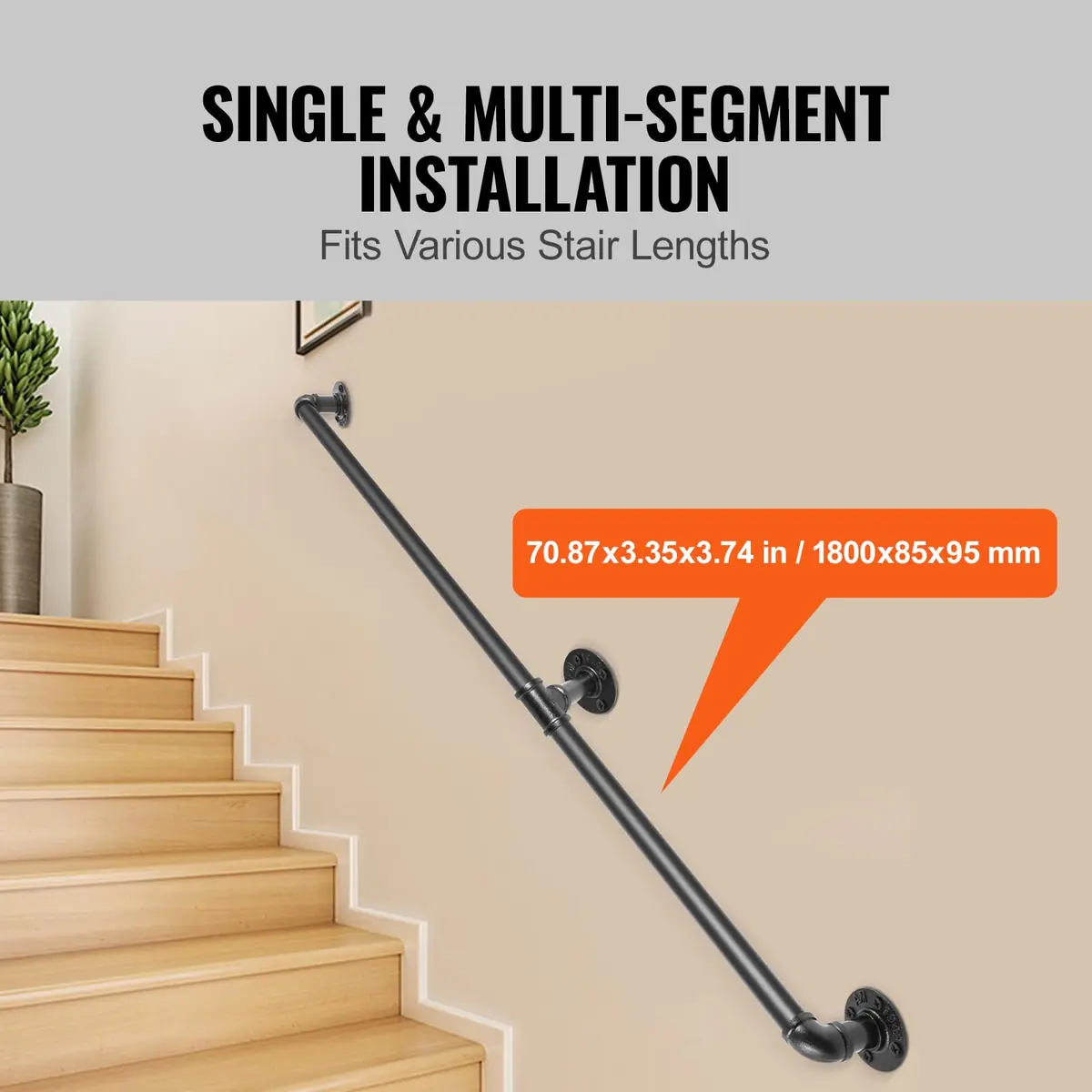 VEVOR Pipe Stair Handrail 6FT | Industrial Carbon Steel Wall Mount Support, 440LBS Load Capacity, Indoor & Outdoor Use - view 4