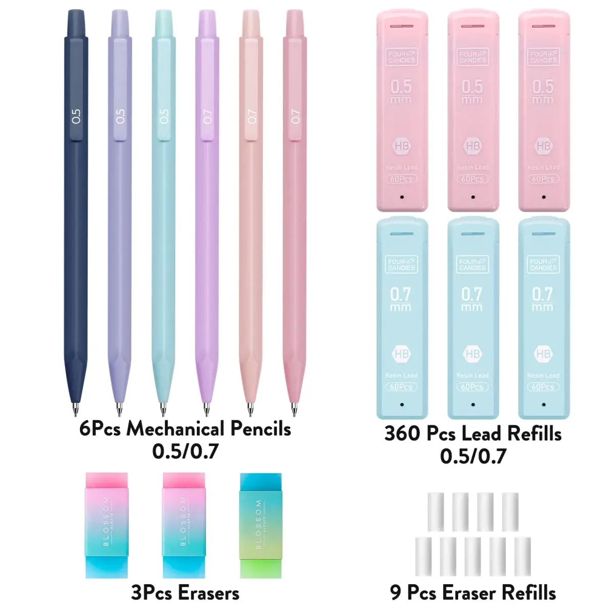 Four Candies Cute Mechanical Pencil Set, 6-Pack 0.5mm & 0.7mm | Pastel Candy Colors for Students - view 6