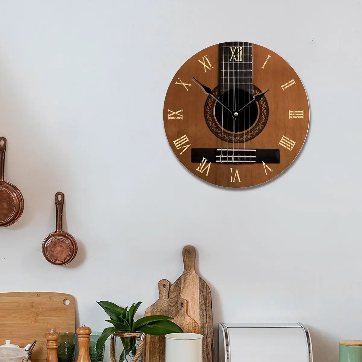 ArogGeld Natural Wood Look Wall Clock Acoustic Guitar Music Clocks Silent Round Wooden Wall Clock Battery Operated for Home Office Decor (10" x 10") - view 6