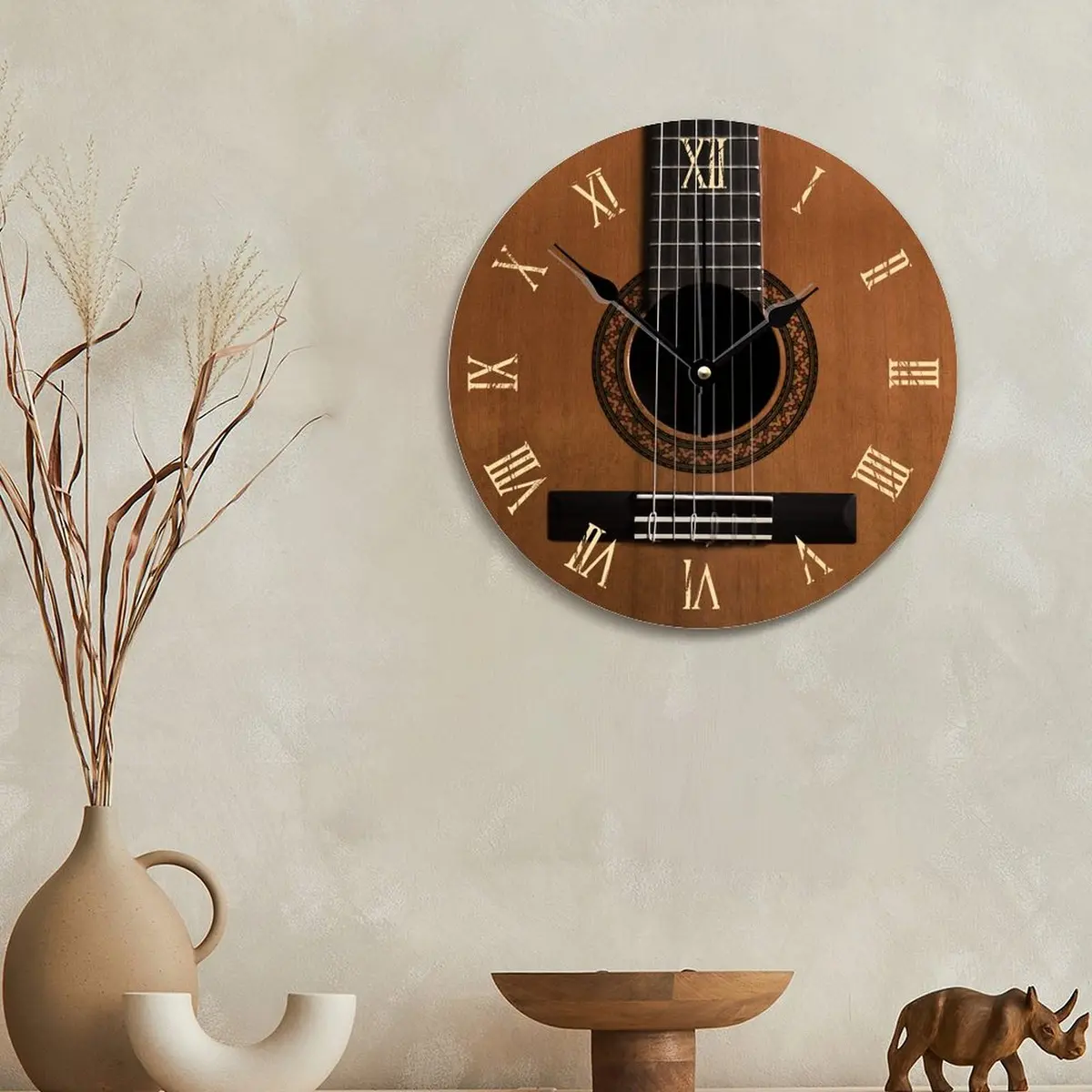 ArogGeld Natural Wood Look Wall Clock Acoustic Guitar Music Clocks Silent Round Wooden Wall Clock Battery Operated for Home Office Decor (10" x 10") - view 2