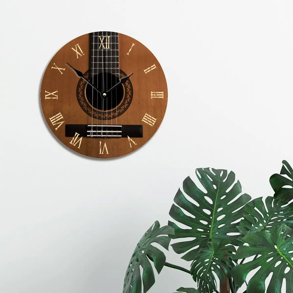 ArogGeld Natural Wood Look Wall Clock Acoustic Guitar Music Clocks Silent Round Wooden Wall Clock Battery Operated for Home Office Decor (10" x 10") - view 4
