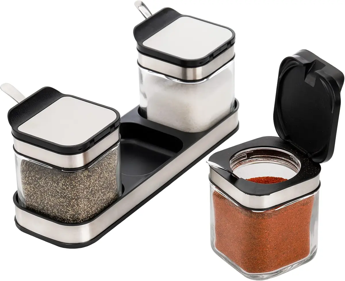 DEAYOU 3 Pack Glass Seasoning Box with Tray | Clear Condiment Canisters with Stainless Steel Lid & Spoon - view 4
