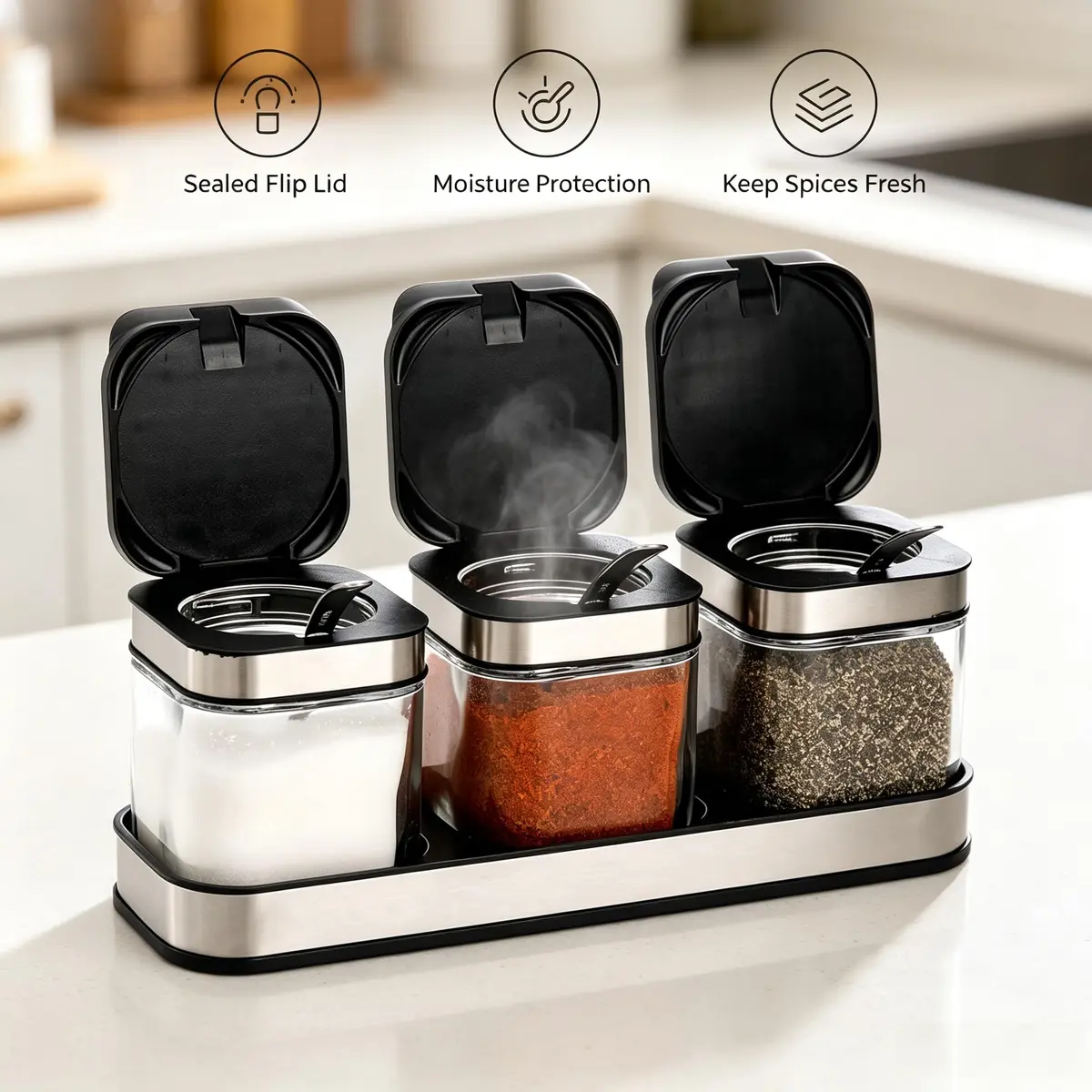DEAYOU 3 Pack Glass Seasoning Box with Tray | Clear Condiment Canisters with Stainless Steel Lid & Spoon - view 5