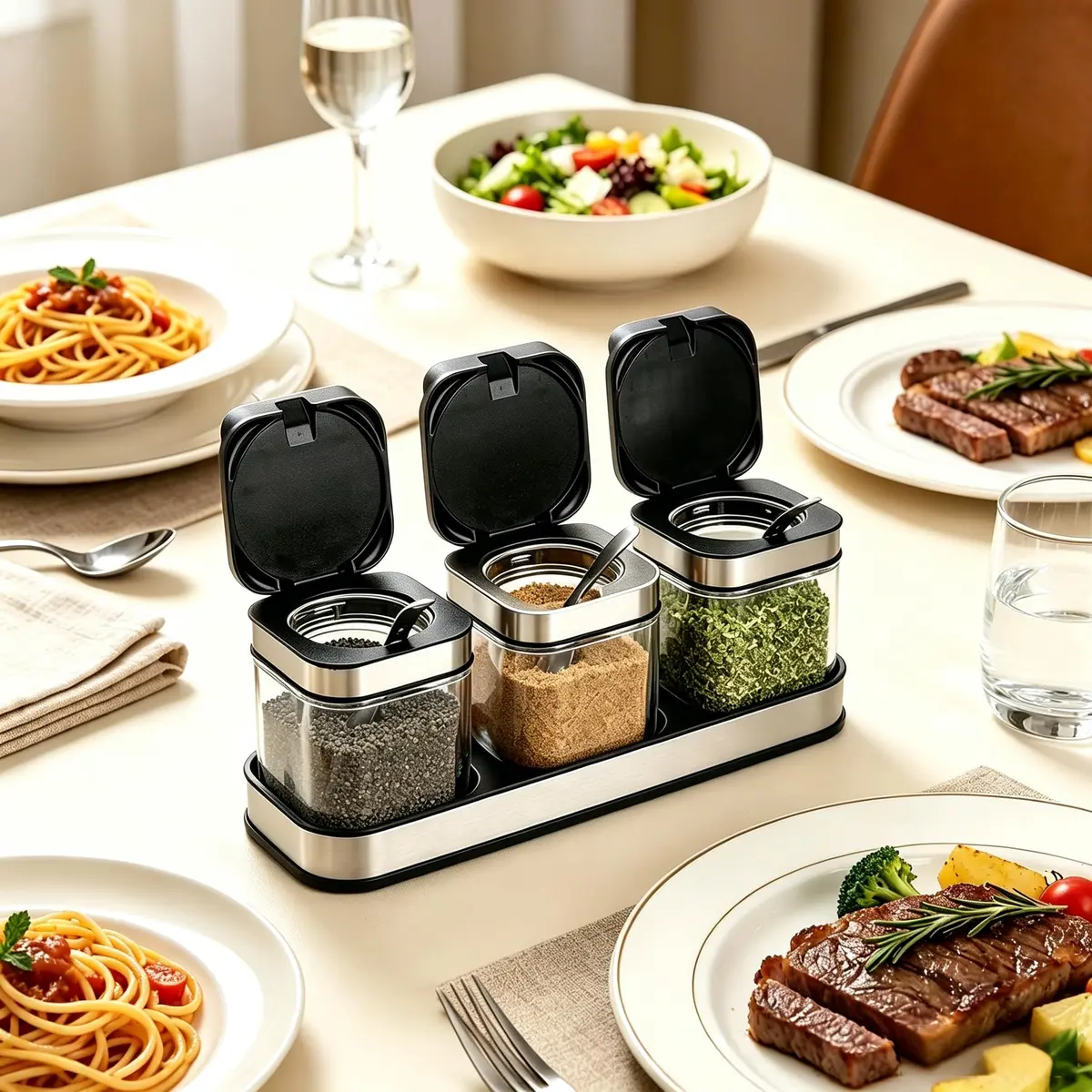 DEAYOU 3 Pack Glass Seasoning Box with Tray | Clear Condiment Canisters with Stainless Steel Lid & Spoon - view 6