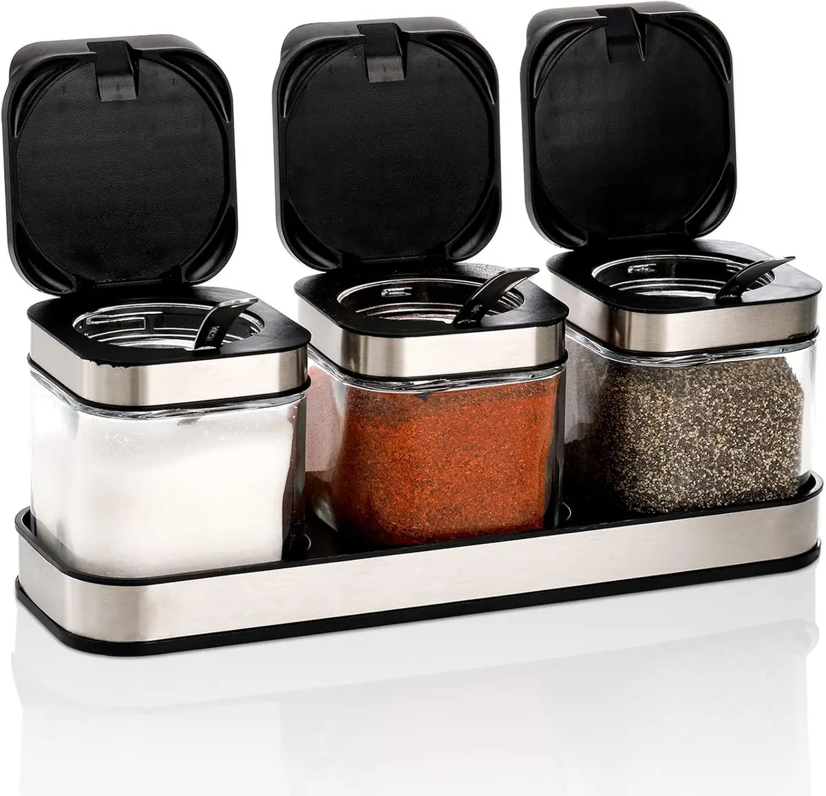 DEAYOU 3 Pack Glass Seasoning Box with Tray | Clear Condiment Canisters with Stainless Steel Lid & Spoon - main product image
