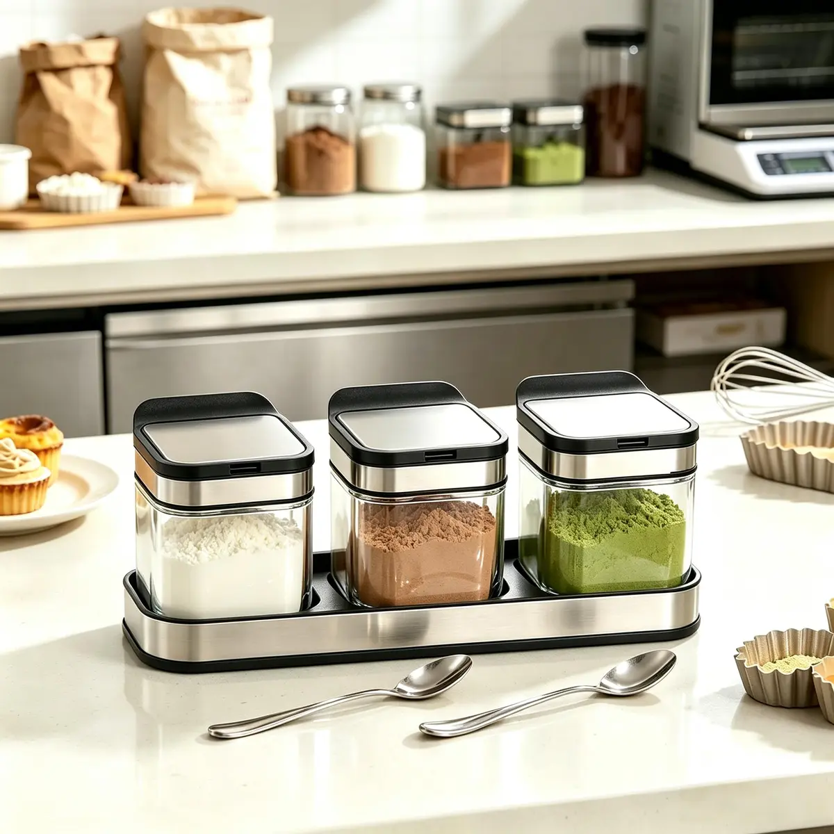 DEAYOU 3 Pack Glass Seasoning Box with Tray | Clear Condiment Canisters with Stainless Steel Lid & Spoon - view 7