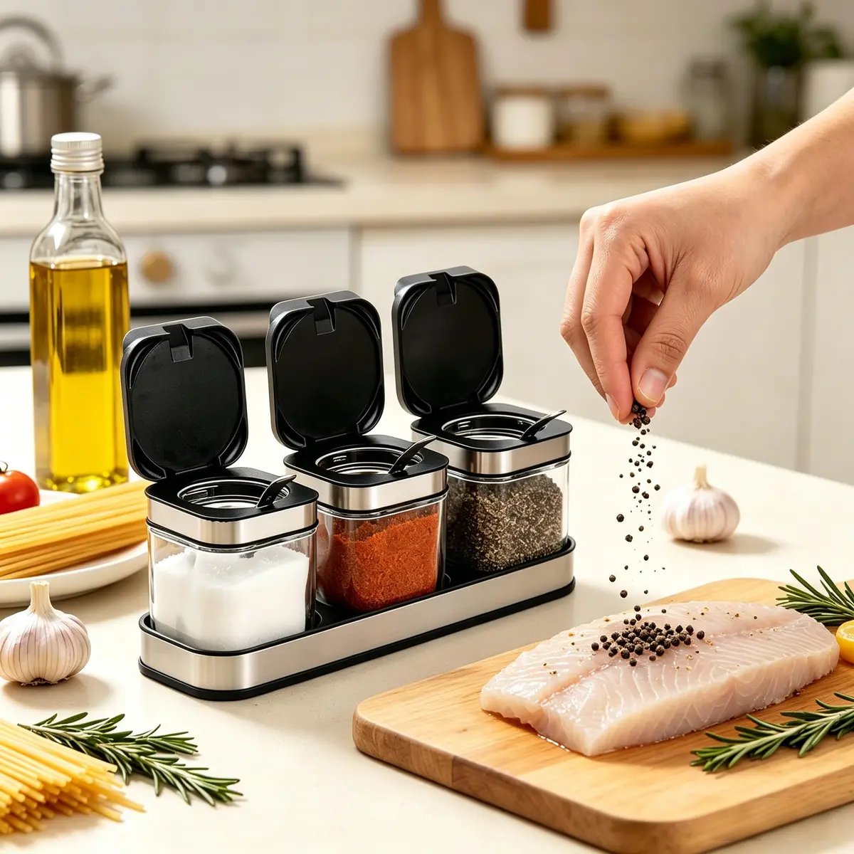 DEAYOU 3 Pack Glass Seasoning Box with Tray | Clear Condiment Canisters with Stainless Steel Lid & Spoon - view 8
