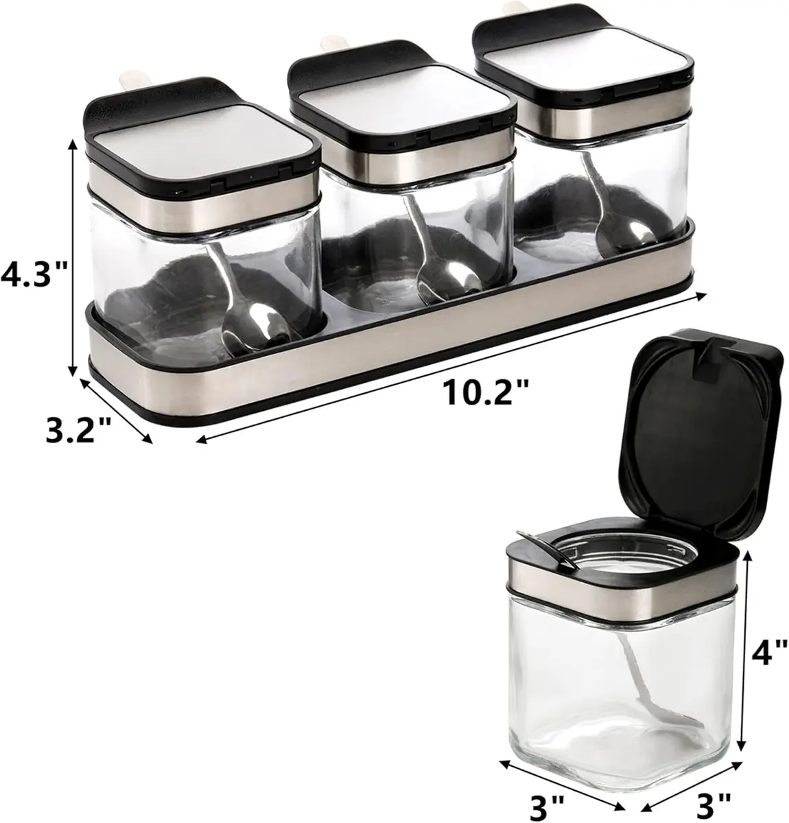 DEAYOU 3 Pack Glass Seasoning Box with Tray | Clear Condiment Canisters with Stainless Steel Lid & Spoon - view 2