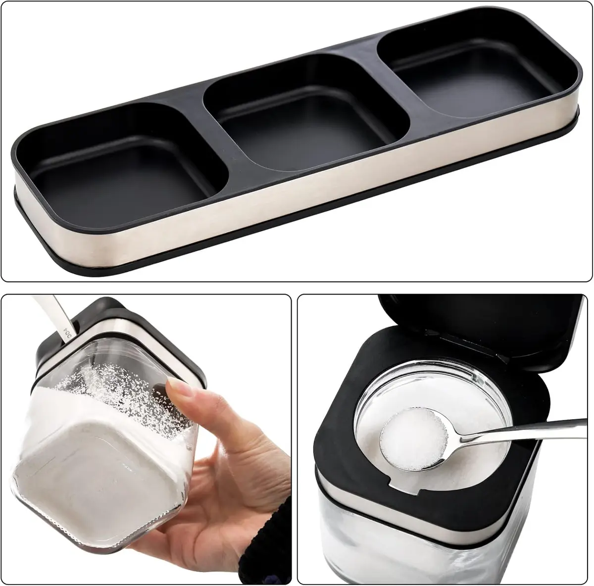 DEAYOU 3 Pack Glass Seasoning Box with Tray | Clear Condiment Canisters with Stainless Steel Lid & Spoon - view 3