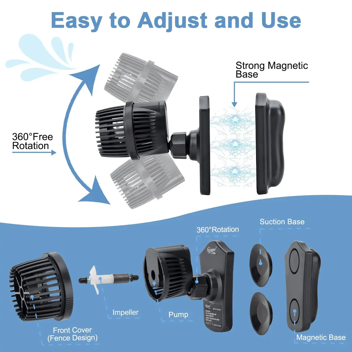 hygger 2100 GPH Aquarium Wave Maker Pump with Magnetic Suction Base & 360° Rotation | 12W Powerhead for 75-130 Gal Tanks - view 2