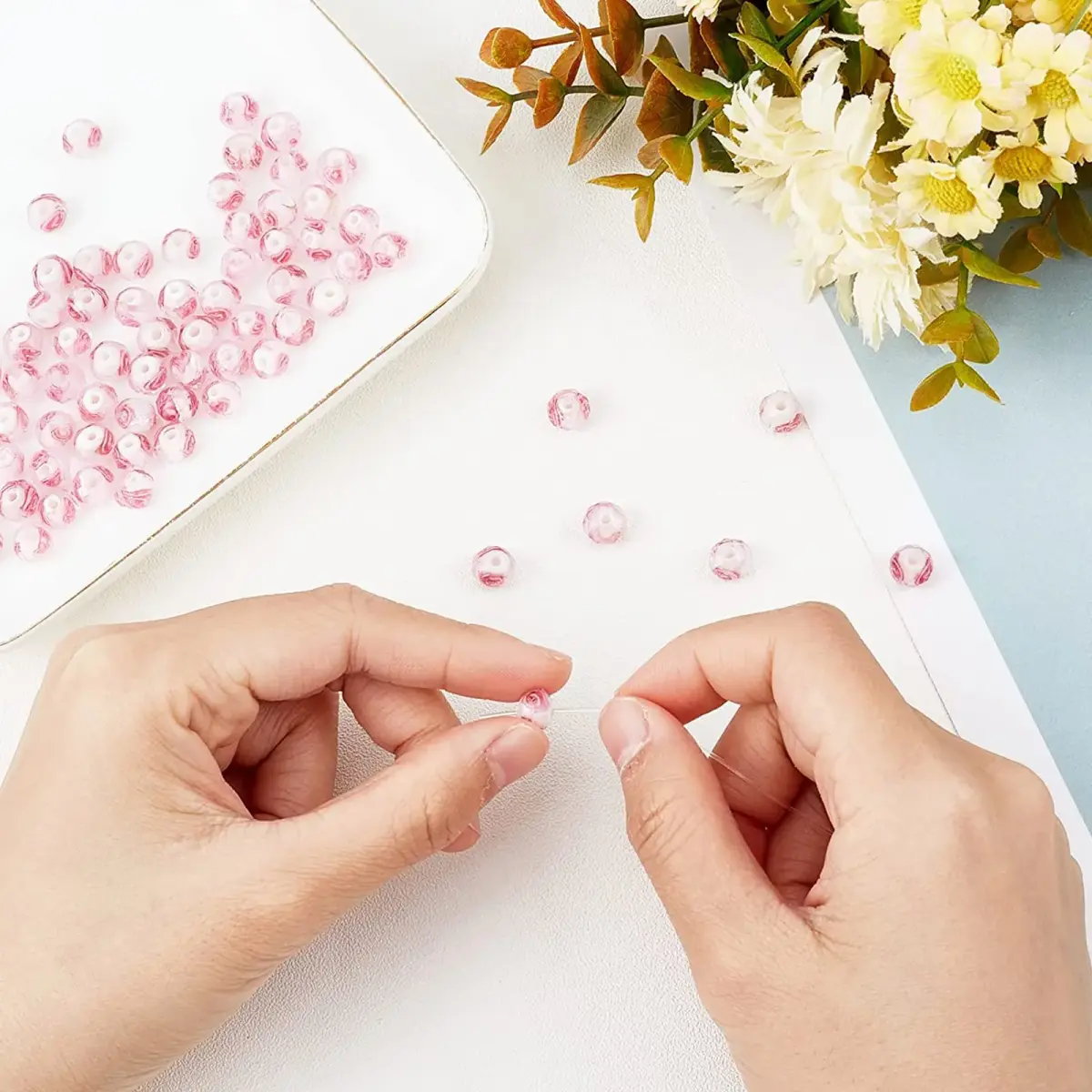 PH PandaHall 70pcs 8mm Rose Lampwork Glass Beads | Handmade Floral Beads with 2mm Hole - view 5
