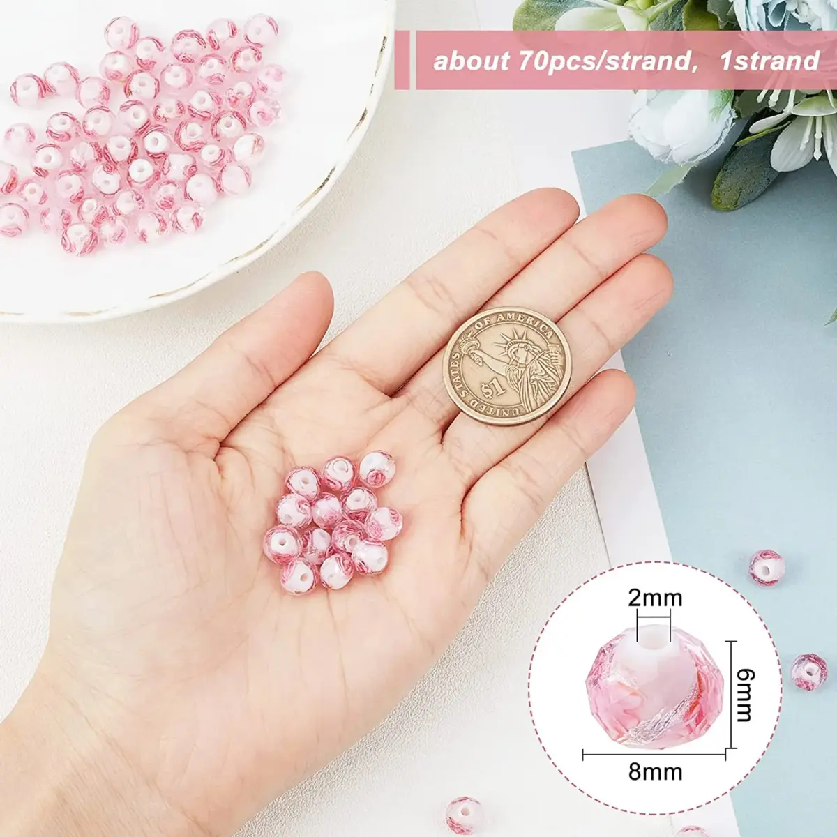 PH PandaHall 70pcs 8mm Rose Lampwork Glass Beads | Handmade Floral Beads with 2mm Hole - view 2