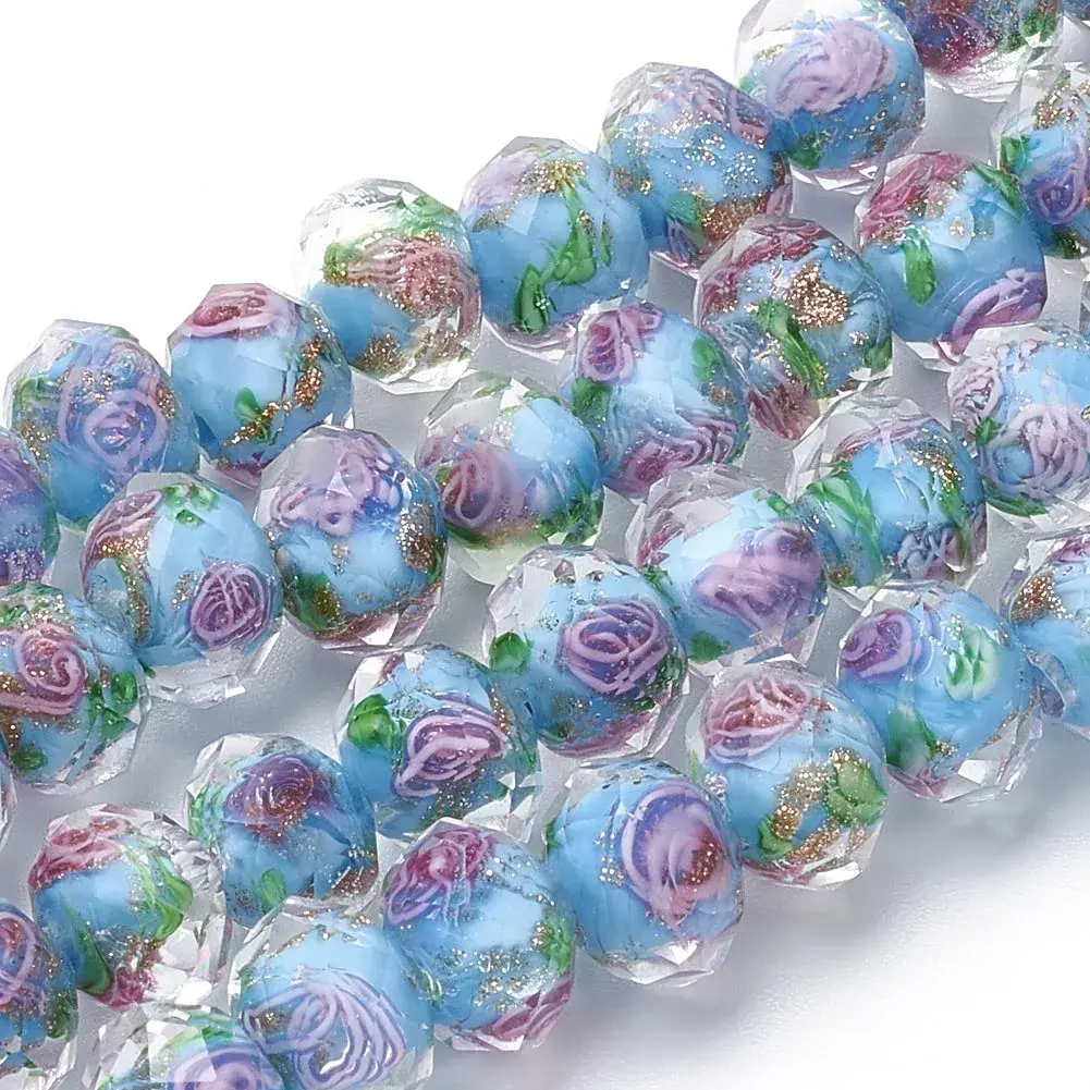 PH PandaHall Gold Sand Lampwork Beads 8mm (0.31 inch) Round Glass | Handmade with Flowing Flower Patterns - main product image
