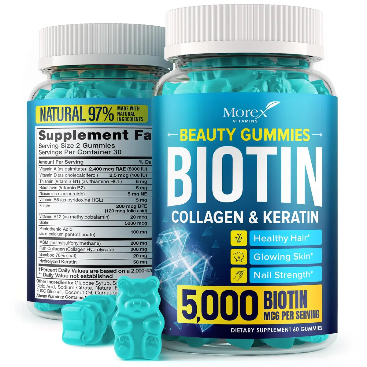 MOREX VITAMINS Biotin Collagen Keratin Gummies | Hair Growth Support for Women & Men, 60pcs - main product image