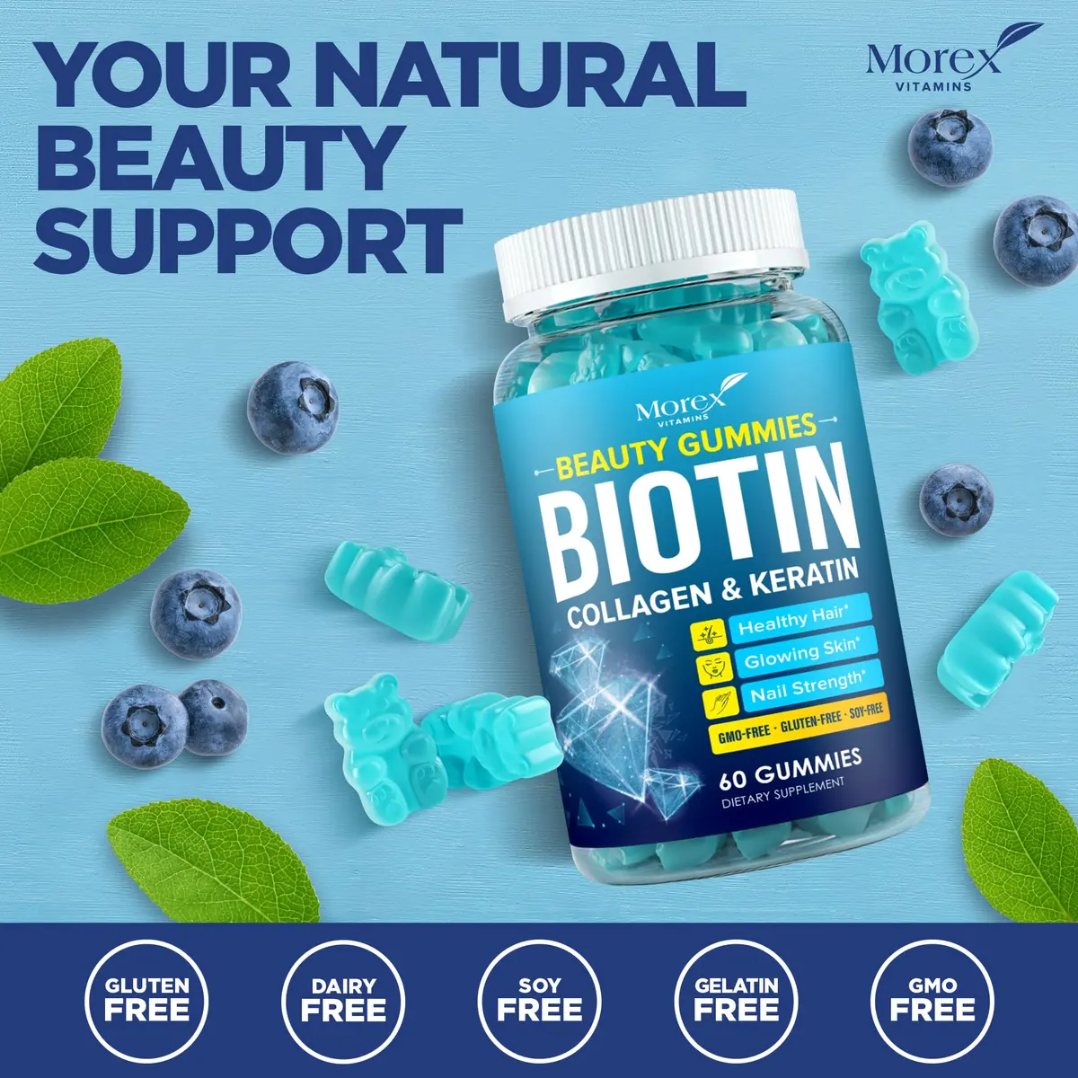 MOREX VITAMINS Biotin Collagen Keratin Gummies | Hair Growth Support for Women & Men, 60pcs - view 7