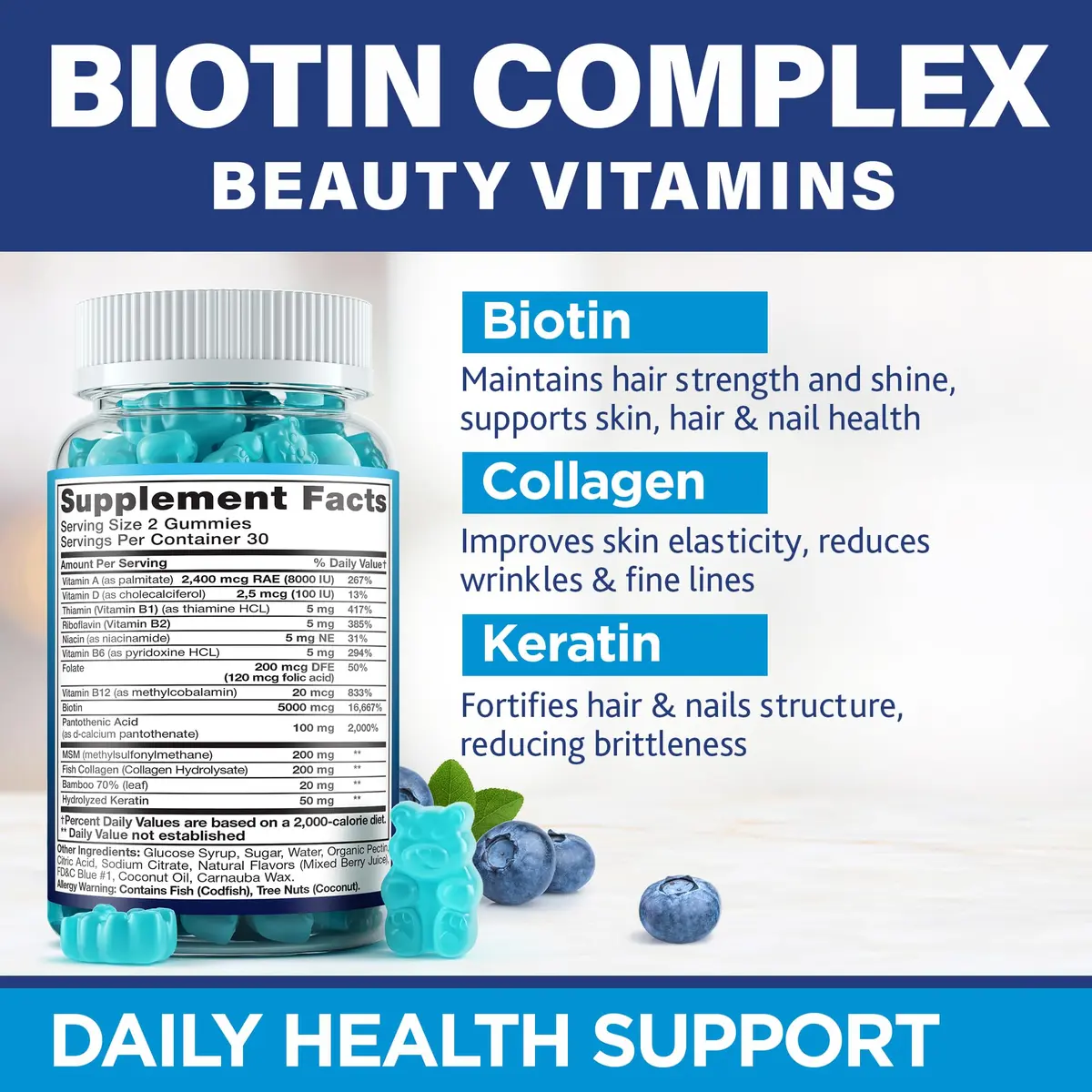 MOREX VITAMINS Biotin Collagen Keratin Gummies | Hair Growth Support for Women & Men, 60pcs - view 2