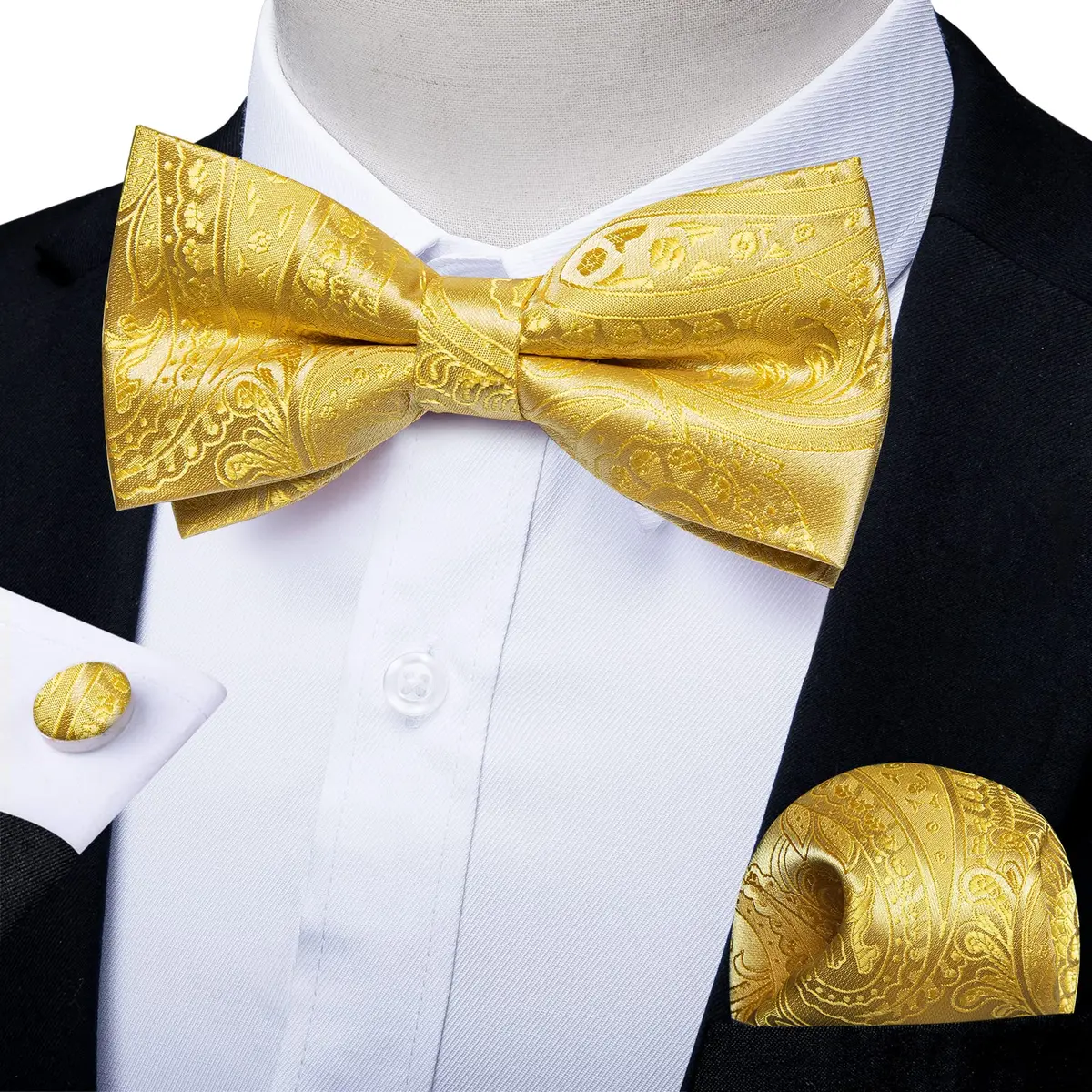 DiBanGu Silk Bow Tie Pre-Tied Bowtie Set for Men In Gift Box,Yellow | Adjustable Classic Paisley Pattern - view 2