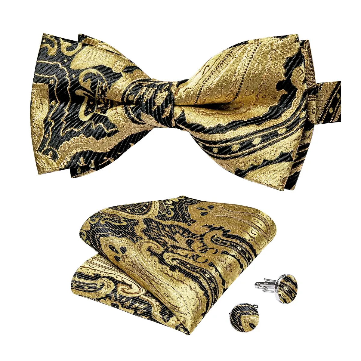 DiBanGu Silk Bow Tie Pre-Tied Bowtie Set for Men In Gift Box,Gold Black | Adjustable Classic Pattern - main product image