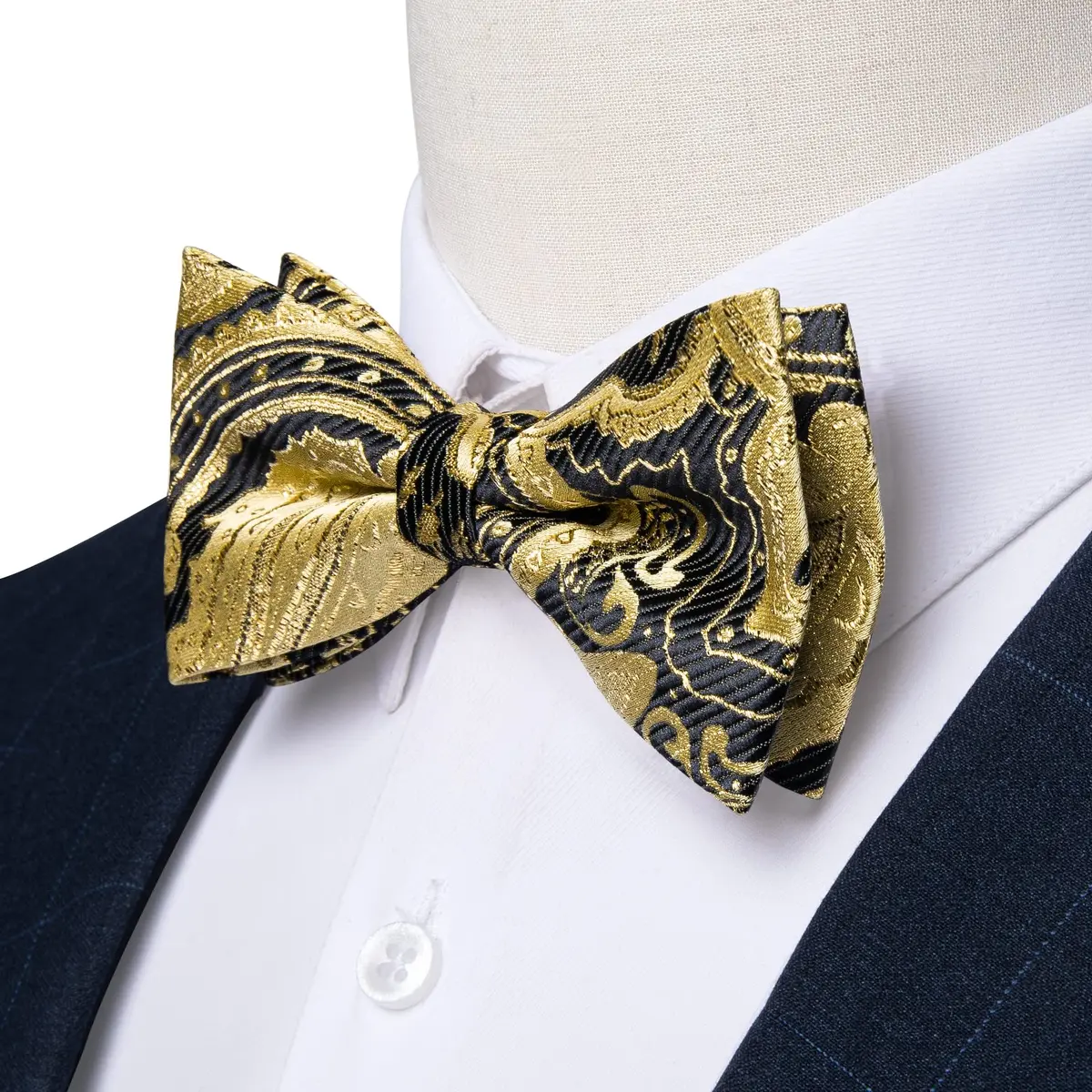 DiBanGu Silk Bow Tie Pre-Tied Bowtie Set for Men In Gift Box,Gold Black | Adjustable Classic Pattern - view 5