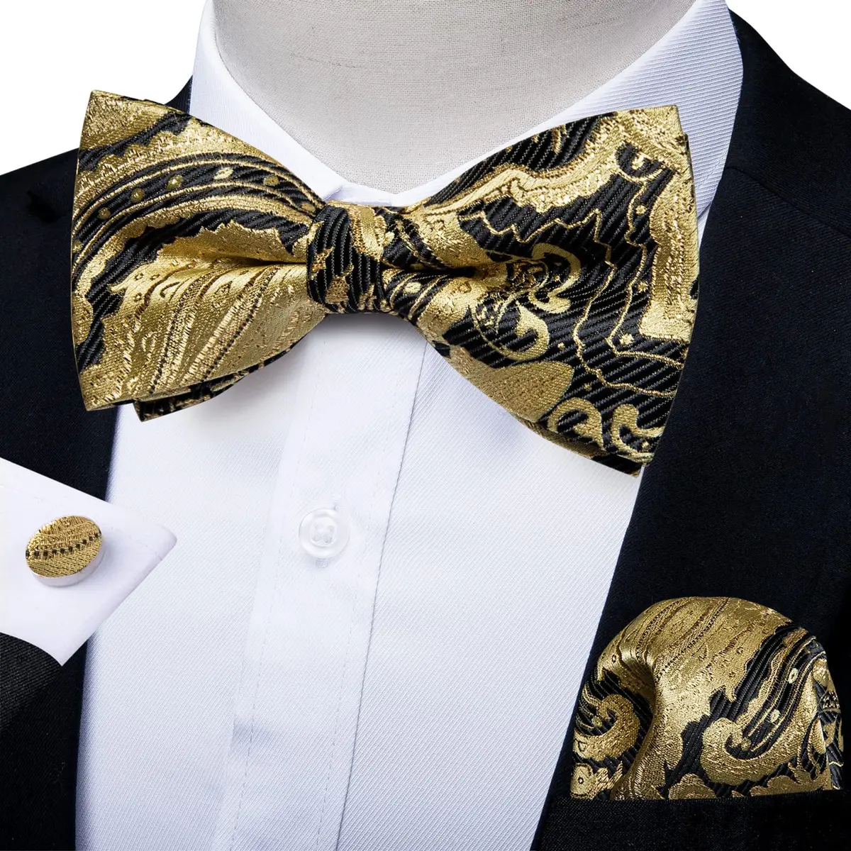DiBanGu Silk Bow Tie Pre-Tied Bowtie Set for Men In Gift Box,Gold Black | Adjustable Classic Pattern - view 2