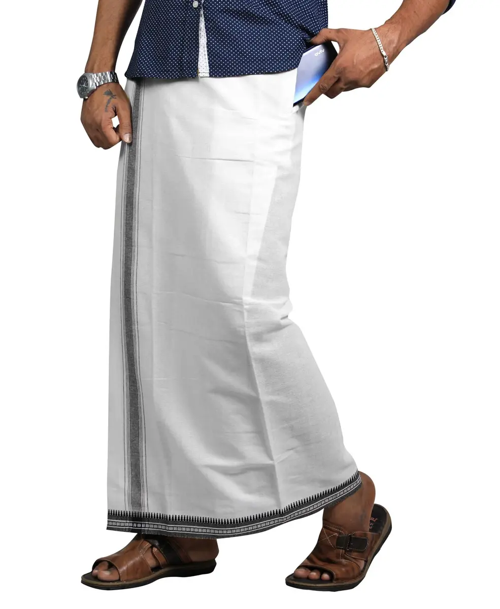 PRAKASAM COTTON Kerala Thalapathi Border Dhoti | Pure Cotton, Adjustable Velcro, White, Large - main product image
