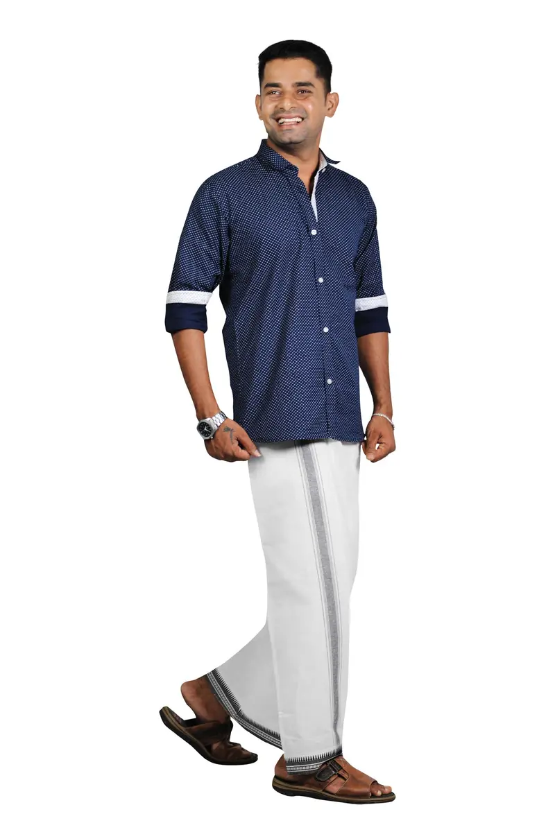 PRAKASAM COTTON Kerala Thalapathi Border Dhoti | Pure Cotton, Adjustable Velcro, White, Large - view 5