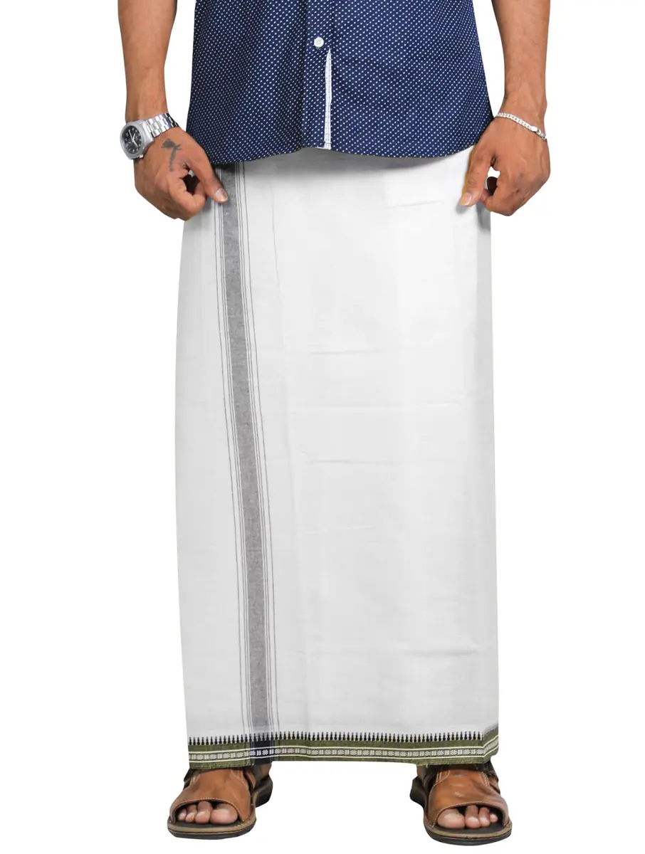 PRAKASAM COTTON Kerala Thalapathi Border Dhoti | Pure Cotton, Adjustable Velcro, White, Large - view 2
