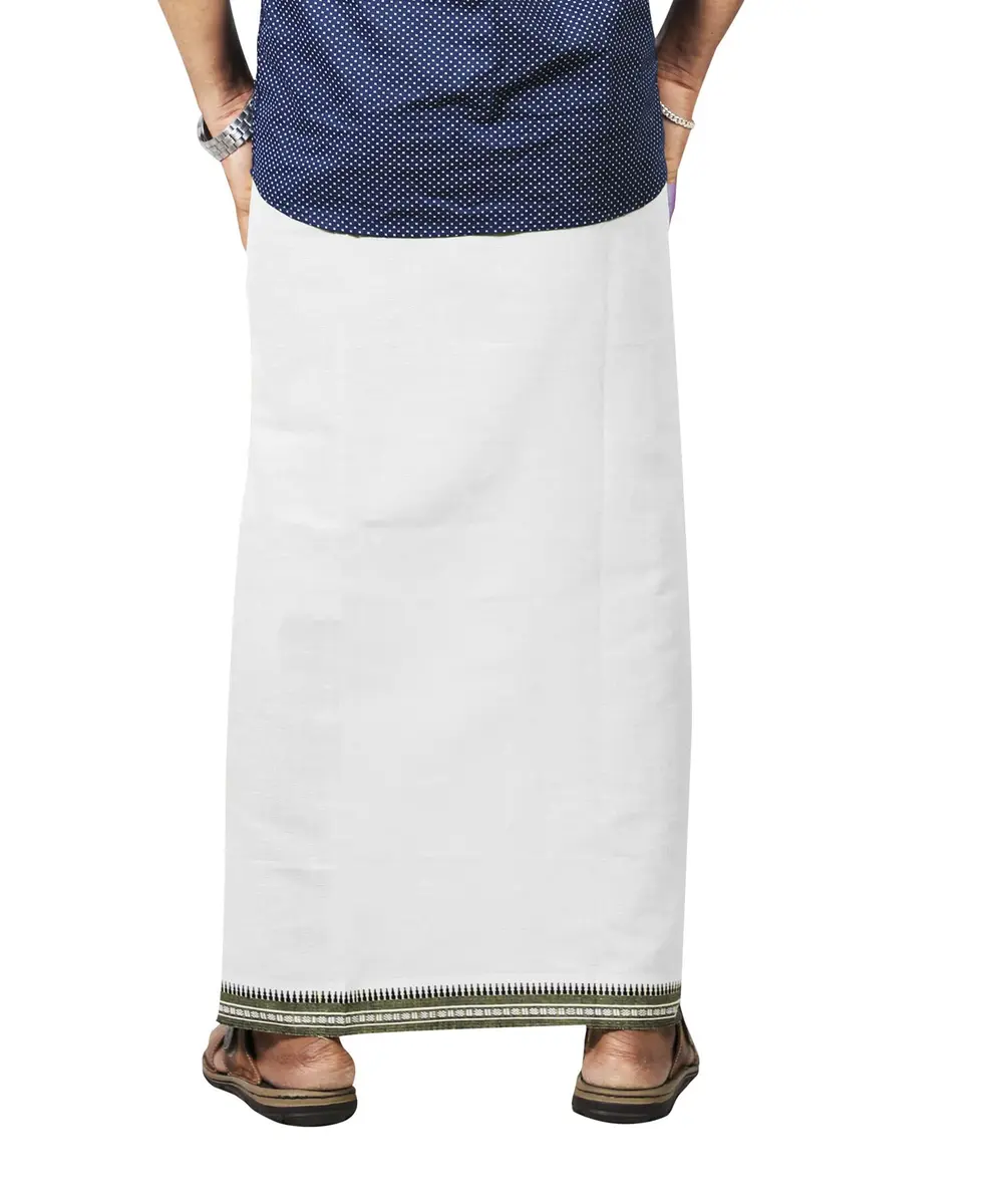 PRAKASAM COTTON Kerala Thalapathi Border Dhoti | Pure Cotton, Adjustable Velcro, White, Large - view 3