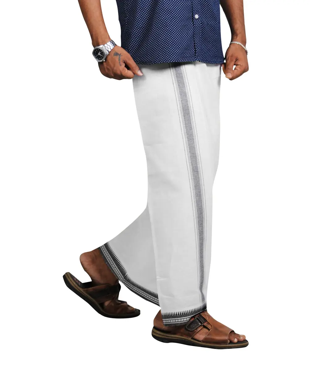 PRAKASAM COTTON Kerala Thalapathi Border Dhoti | Pure Cotton, Adjustable Velcro, White, Large - view 4