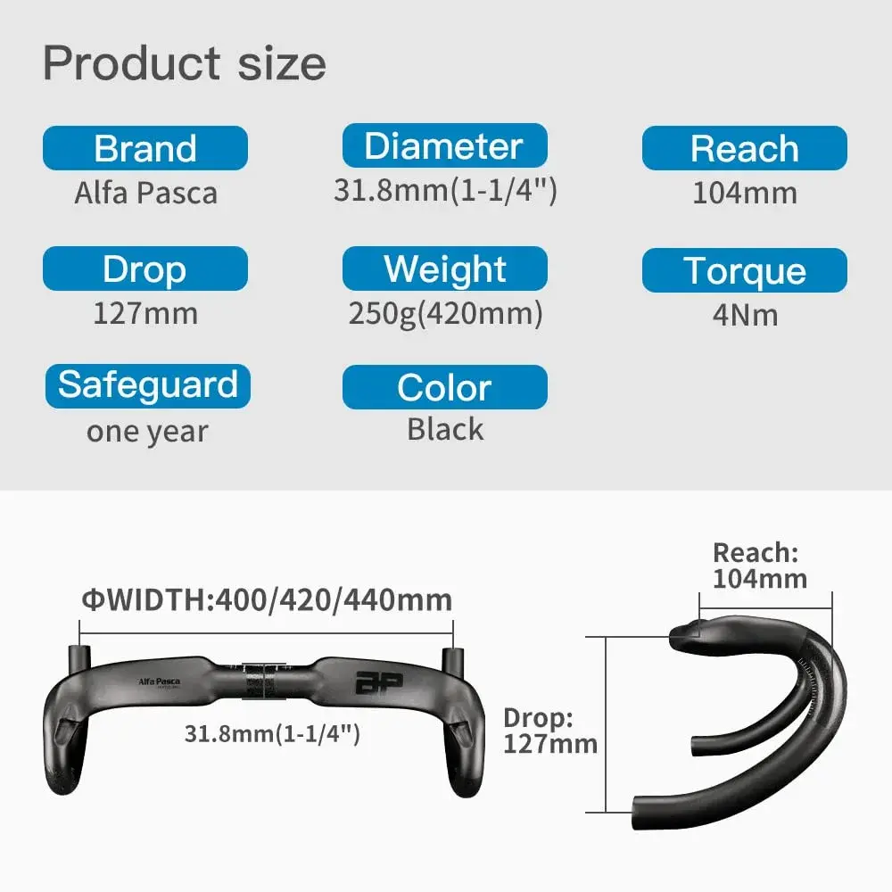 Alfa Pasca 31.8 x 420mm Black UD Matte Carbon Fiber Aero Road Bike Handlebars - view 2