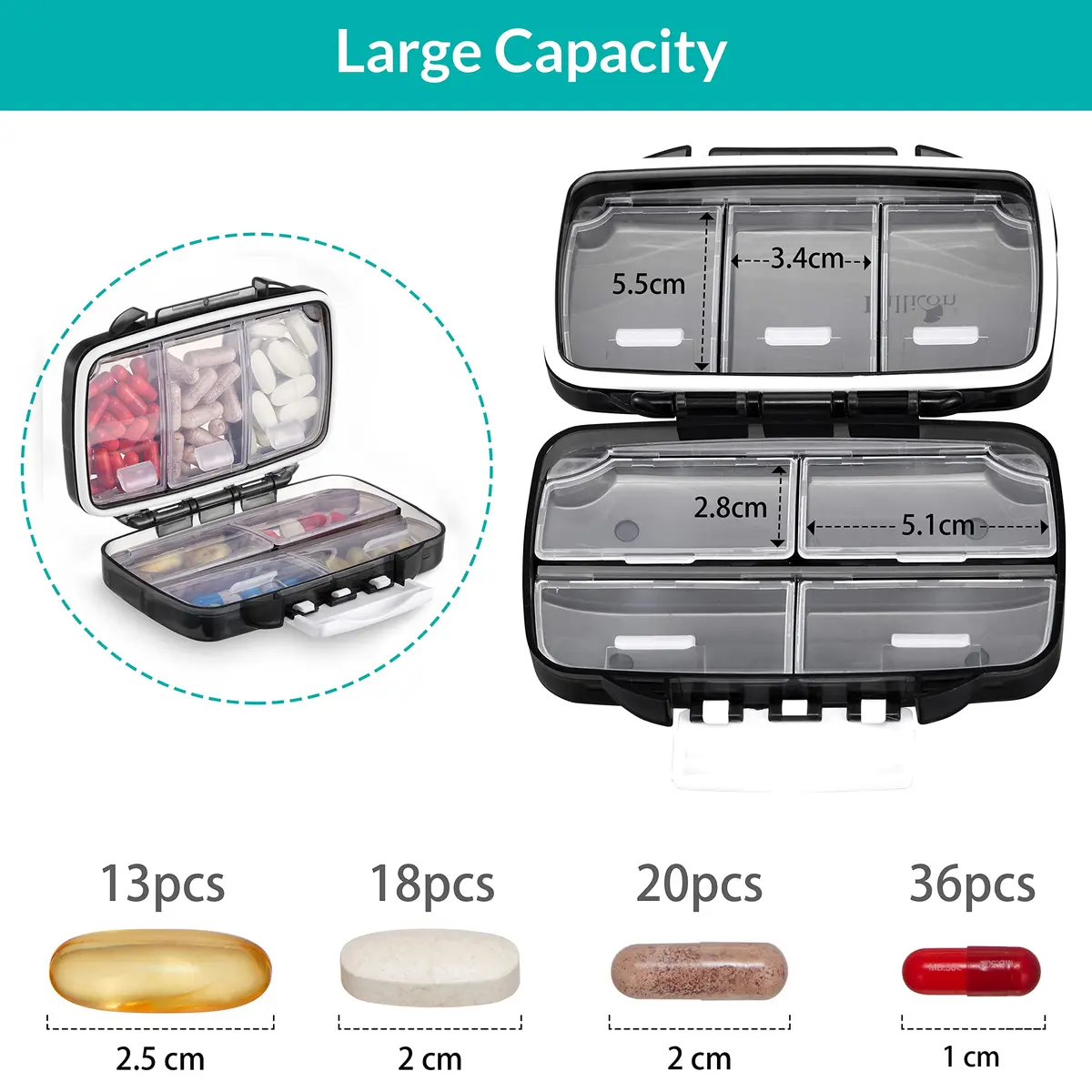 Fullicon Moistureproof Airtight Pill Organizer, Portable, 7 Compartment | Moistureproof & Double Lock for Travel & Daily Use - view 5