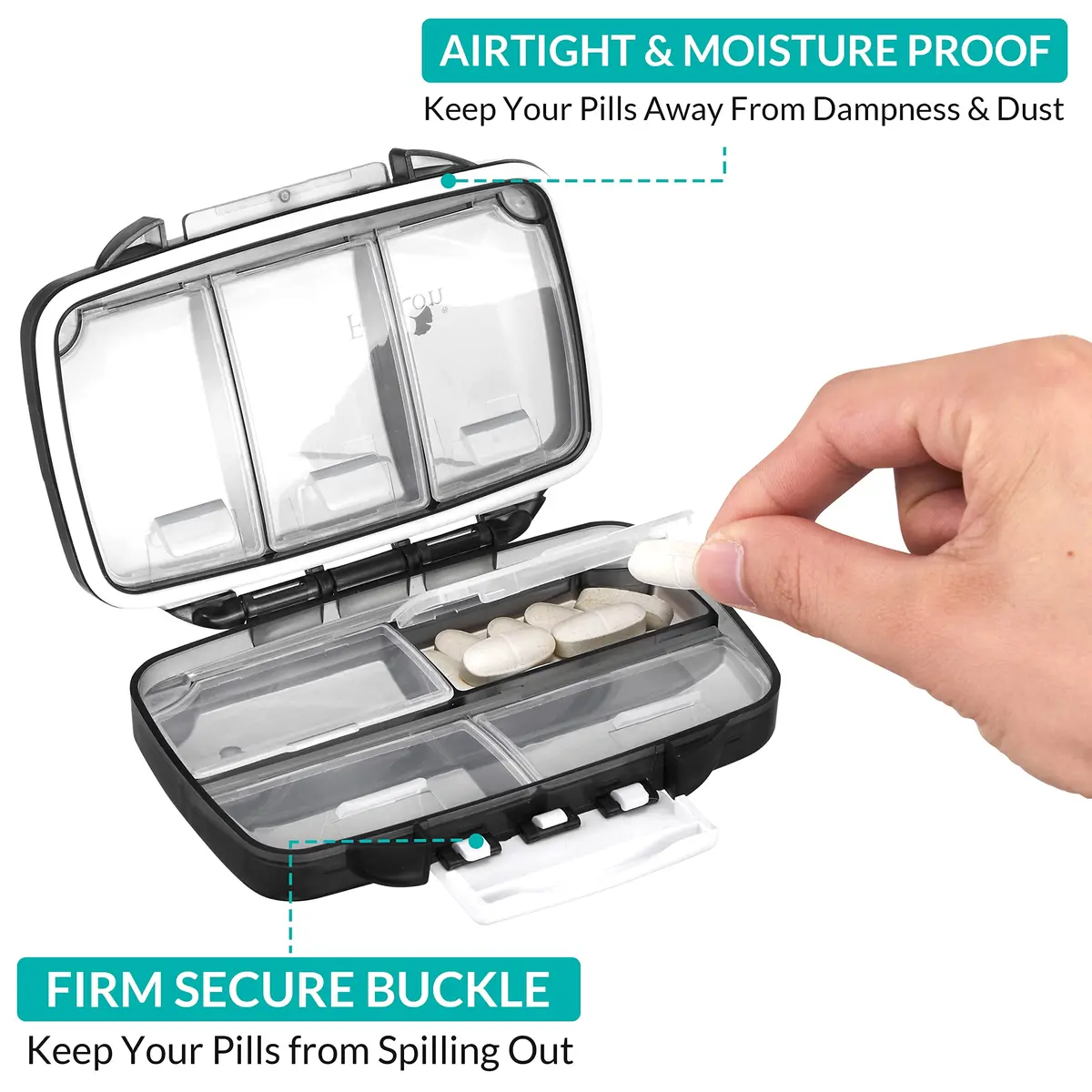 Fullicon Moistureproof Airtight Pill Organizer, Portable, 7 Compartment | Moistureproof & Double Lock for Travel & Daily Use - view 3