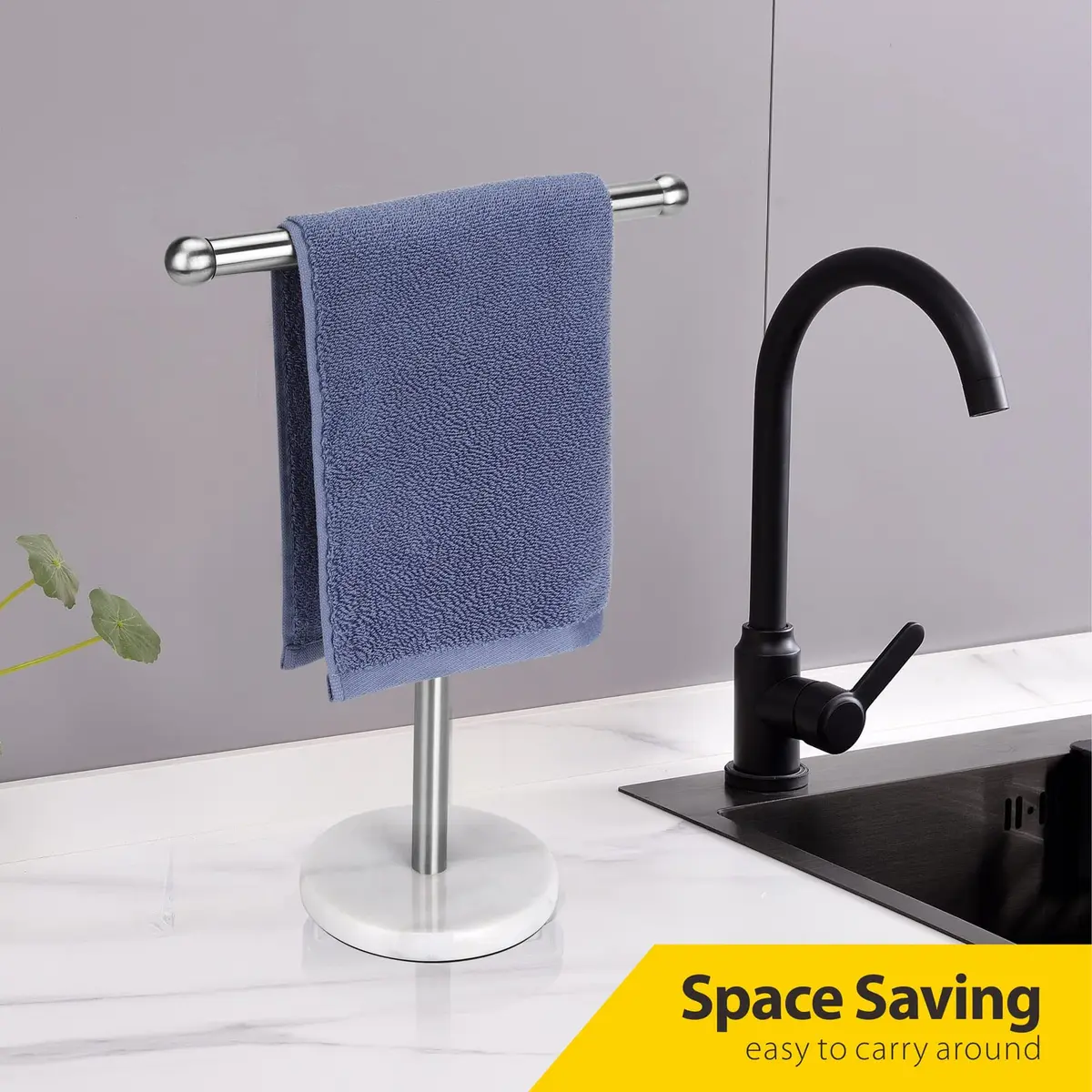WAYDELI Modern T-Shape Hand Towel Holder Stand with Heavy Marble Base, 29.2 cm (11.4 inches) Height | Rustproof SUS304 Stainless Steel - view 6