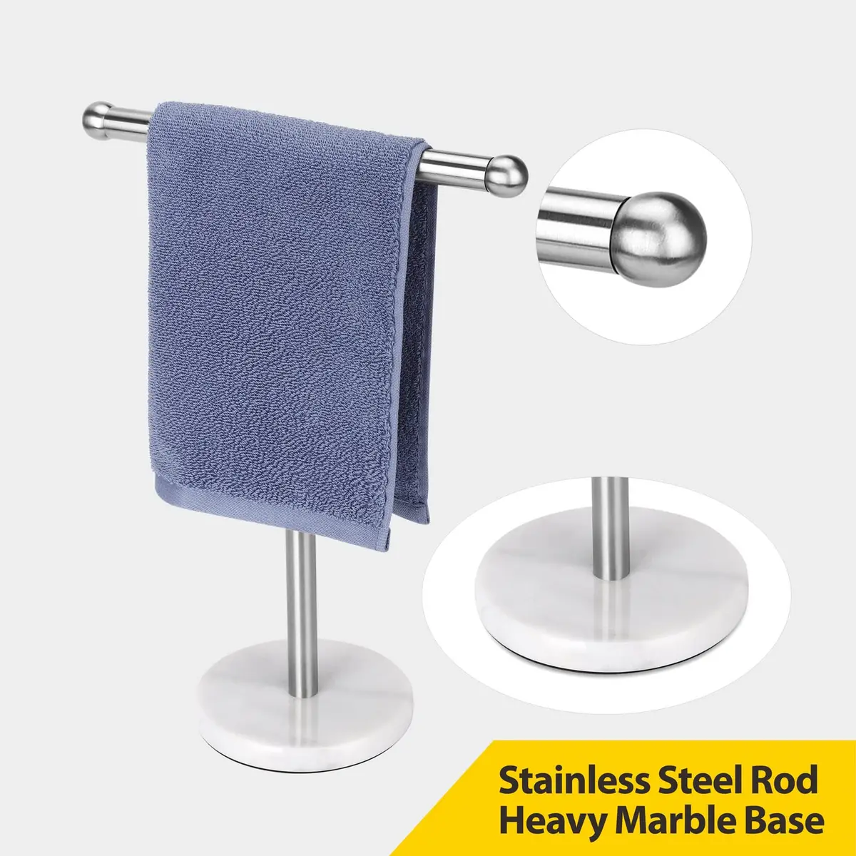 WAYDELI Modern T-Shape Hand Towel Holder Stand with Heavy Marble Base, 29.2 cm (11.4 inches) Height | Rustproof SUS304 Stainless Steel - view 2