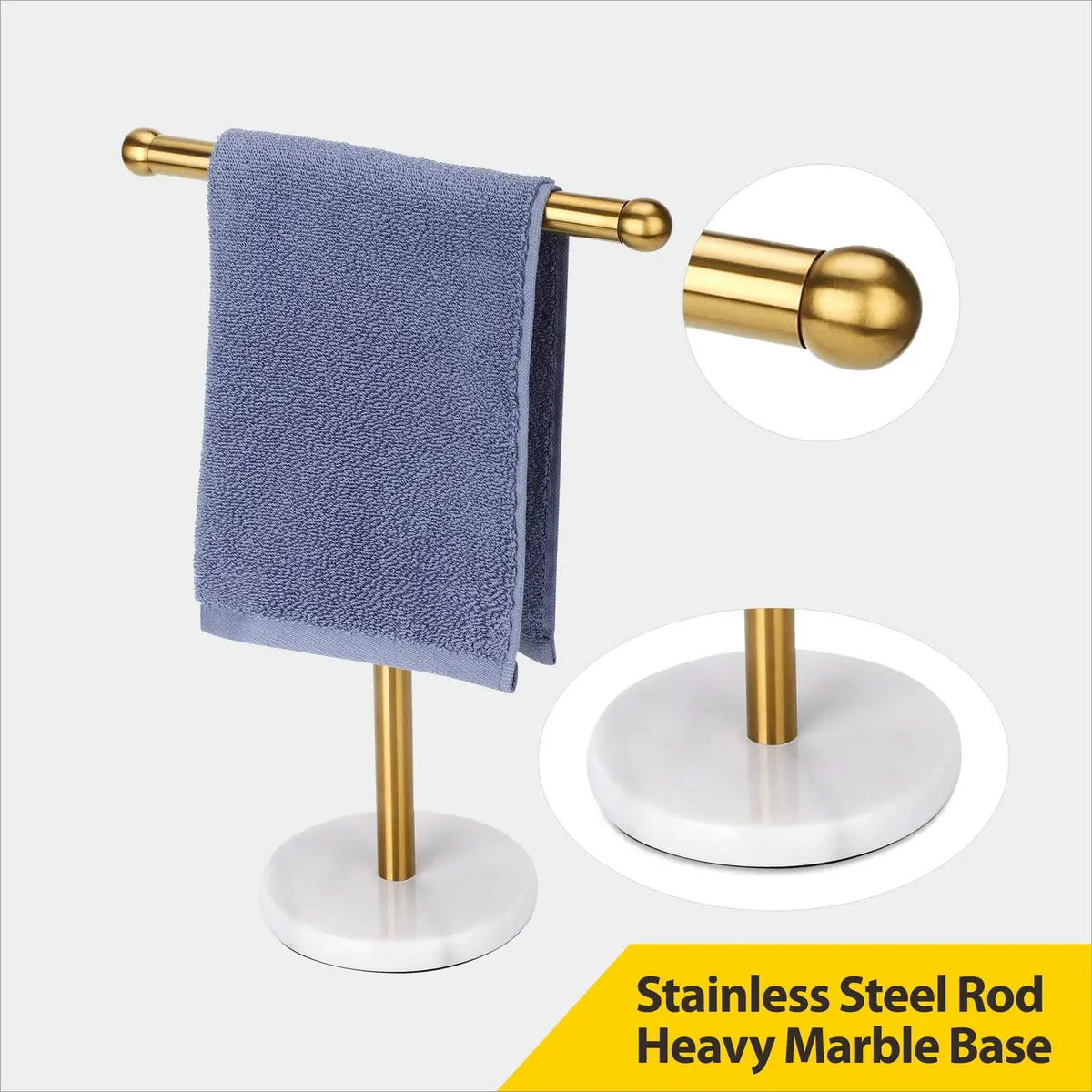 WAYDELI Gold Hand Towel Holder Stand with Marble Base | T-Shape Stainless Steel Rack - view 2
