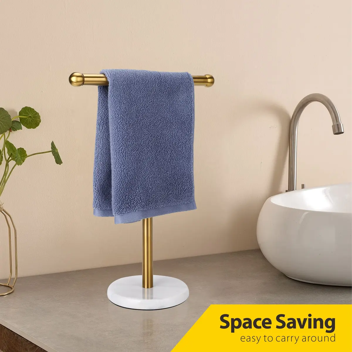 WAYDELI Gold Hand Towel Holder Stand with Marble Base | T-Shape Stainless Steel Rack - view 3