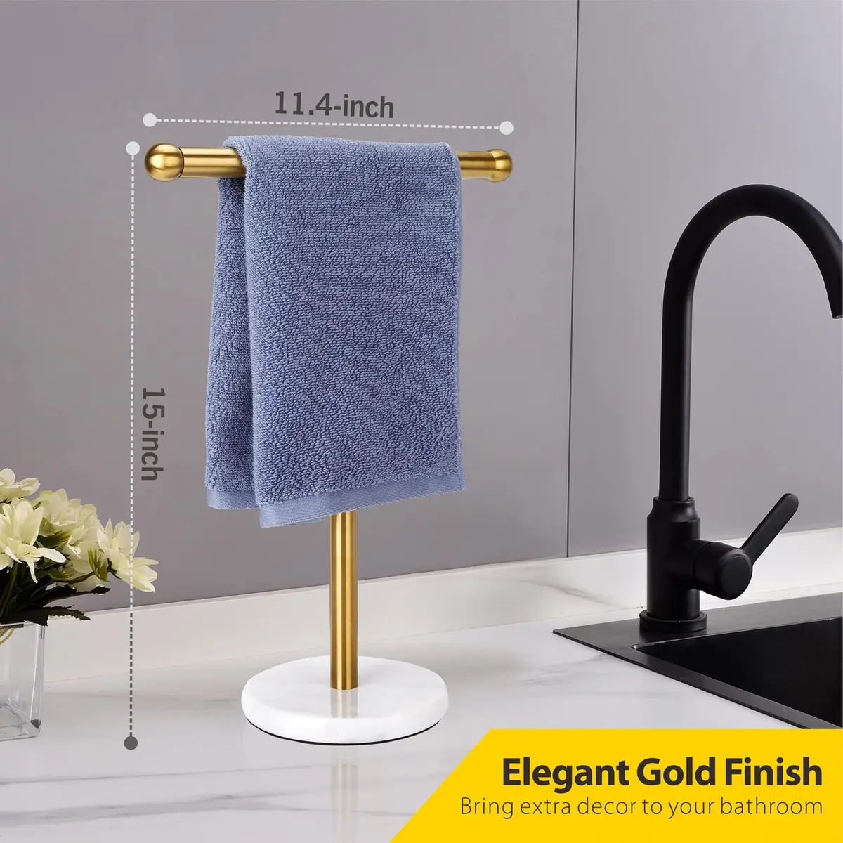 WAYDELI Gold Hand Towel Holder Stand with Marble Base | T-Shape Stainless Steel Rack - view 4