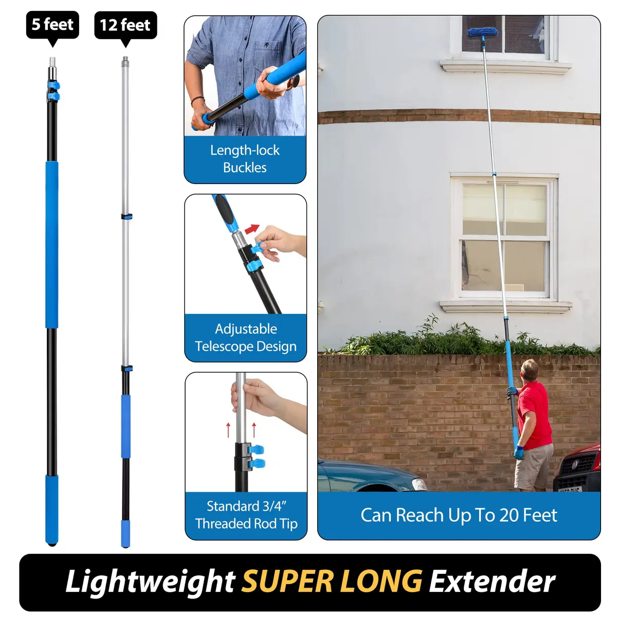 VITEVER 20 Feet High Reach Duster Kit with 5-12 Ft Extension Pole, Cobweb Duster, Window Squeegee & Scrubber | Cleans High Ceilings, Fans, and Windows - view 6
