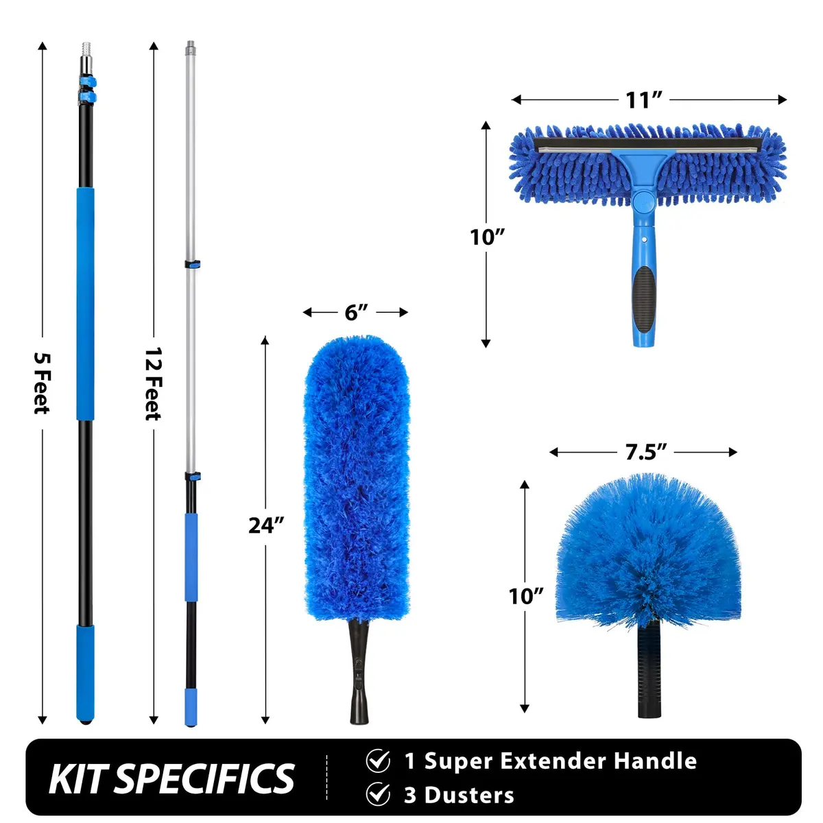 VITEVER 20 Feet High Reach Duster Kit with 5-12 Ft Extension Pole, Cobweb Duster, Window Squeegee & Scrubber | Cleans High Ceilings, Fans, and Windows - view 2