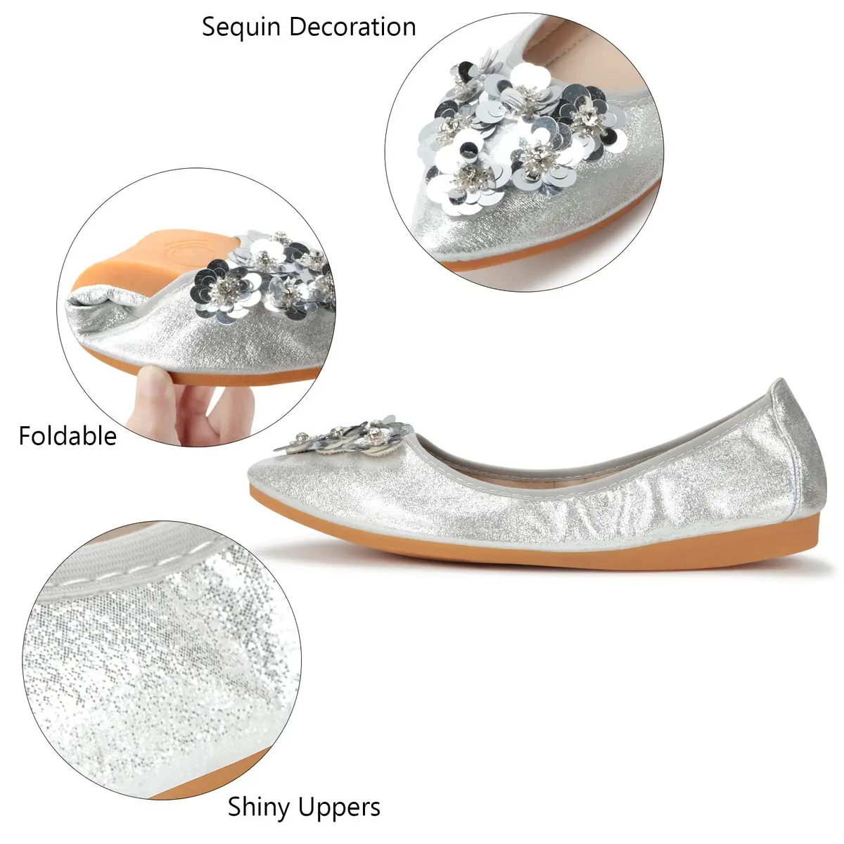 KUNWFNIX Women's Ballet Flats Sequins Foldable Comfort Slip-on Flat Shoes | Sparkly Wedding & Casual - view 4
