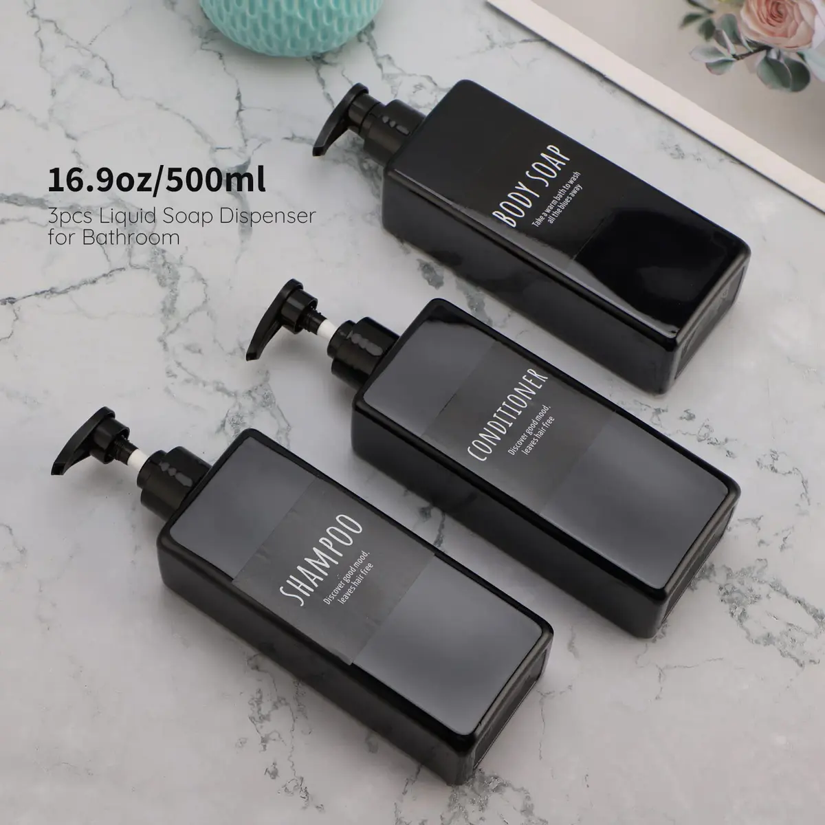 Segbeauty Shampoo and Conditioner Dispenser Refillable, 3pcs 16.9oz Shower Bottles Soap Dispenser with Labels, 500ml Empty Plastic Square Pump Bottle Dispenser Body Wash Containers for Bathroom Black - view 2