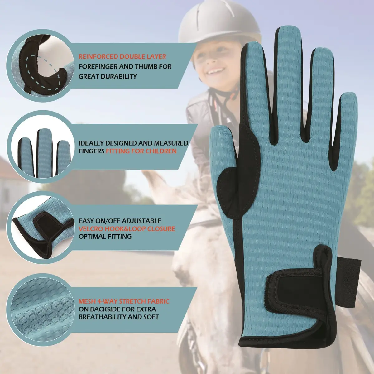 Thapower Kids Horse Riding Gloves Children Mesh Equestrian Gloves | Breathable Summer-Weight Mesh & Reinforced Grip (enabling safe riding in warm weather, suitable for ages 10-12) - view 3