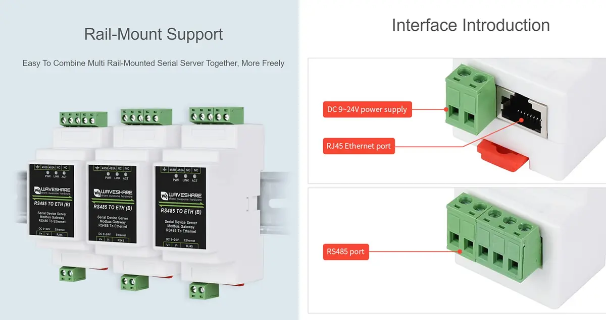 Waveshare RS485 to Ethernet Converter Industrial Serial Device Server TCP/IP to Serial Module with 9-24V Wide Power Supply | Supports Modbus Gateway, MQTT/JSON, TCP/UDP Modes - view 7
