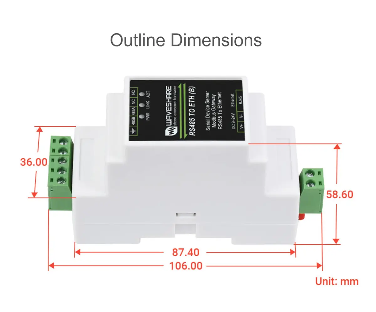 Waveshare RS485 to Ethernet Converter Industrial Serial Device Server TCP/IP to Serial Module with 9-24V Wide Power Supply | Supports Modbus Gateway, MQTT/JSON, TCP/UDP Modes - view 8