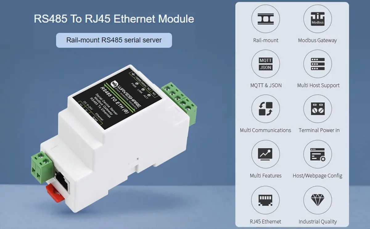 Waveshare RS485 to Ethernet Converter Industrial Serial Device Server TCP/IP to Serial Module with 9-24V Wide Power Supply | Supports Modbus Gateway, MQTT/JSON, TCP/UDP Modes - view 2